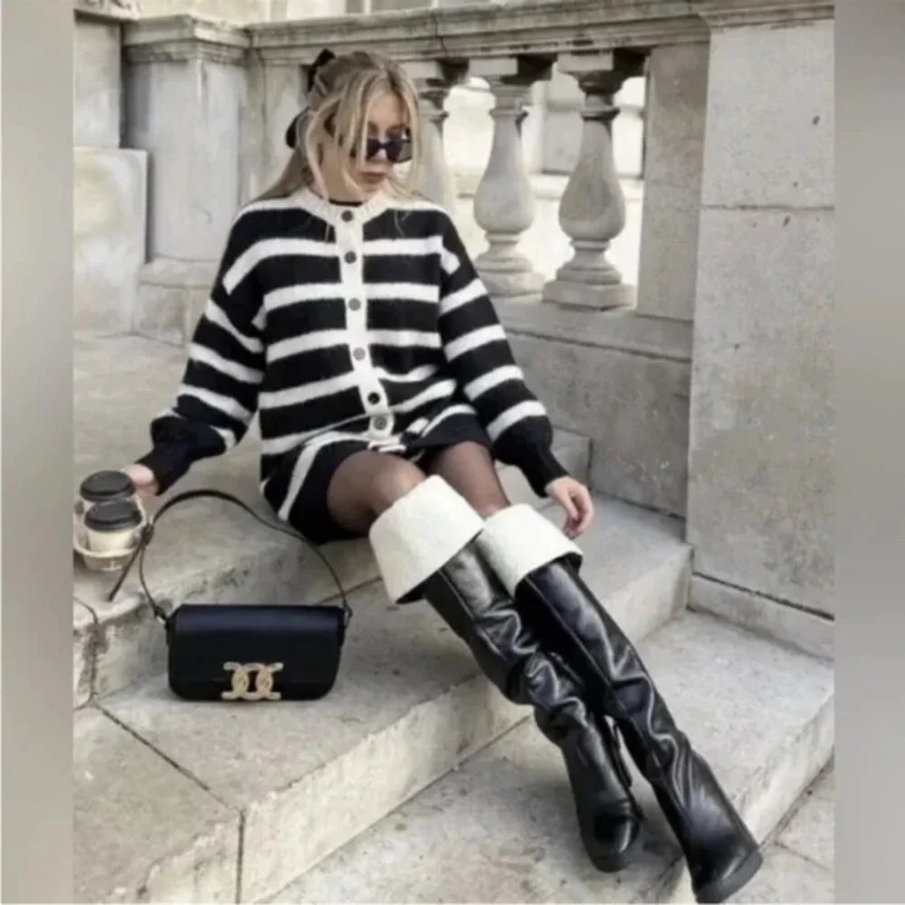 Zara Over The Knee Leather Boots with Faux Shearling Lining